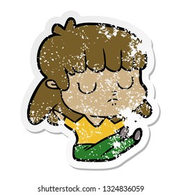 distressed sticker of a cartoon indifferent woman sitting