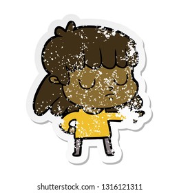 distressed sticker of a cartoon indifferent woman;pointing