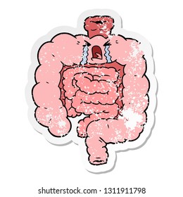 distressed sticker of a cartoon intestines crying