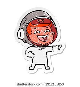 distressed sticker of a cartoon laughing astronaut