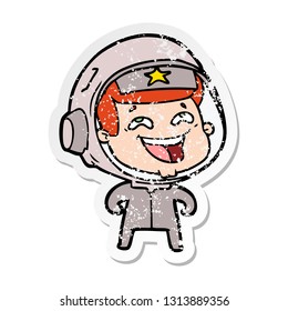 distressed sticker of a cartoon laughing astronaut