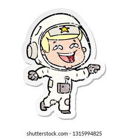distressed sticker of a cartoon laughing astronaut
