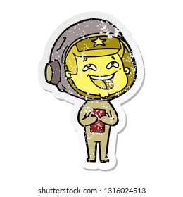 distressed sticker of a cartoon laughing astronaut