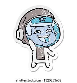 distressed sticker of a cartoon laughing astronaut