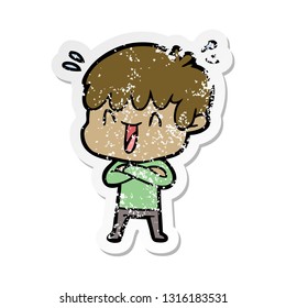 distressed sticker of a cartoon laughing boy