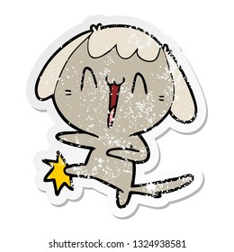 distressed sticker of a cartoon laughing dog kicking