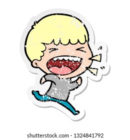 distressed sticker of a cartoon laughing man