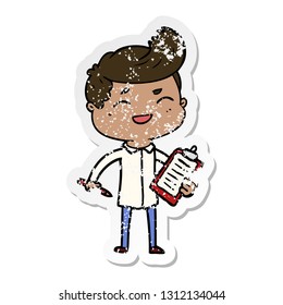 distressed sticker of a cartoon laughing salesman