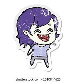 distressed sticker of a cartoon laughing vampire girl