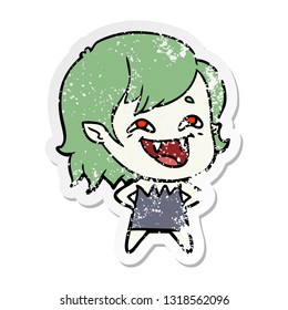 distressed sticker of a cartoon laughing vampire girl