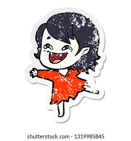 distressed sticker of a cartoon laughing vampire girl