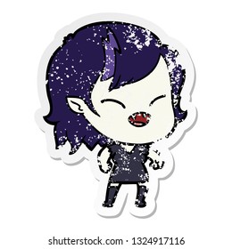 distressed sticker of a cartoon laughing vampire girl