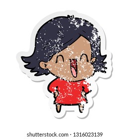 distressed sticker of a cartoon laughing woman