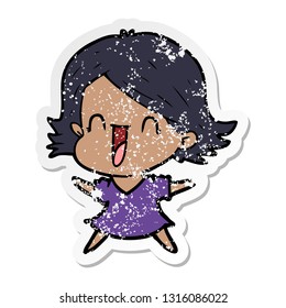 distressed sticker of a cartoon laughing woman