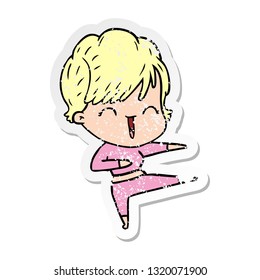 distressed sticker of a cartoon laughing woman