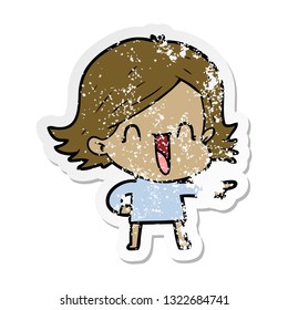 distressed sticker of a cartoon laughing woman
