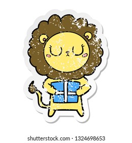 distressed sticker of a cartoon lion with christmas present