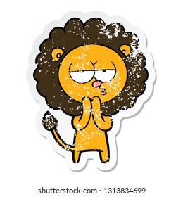 distressed sticker of a cartoon lion considering
