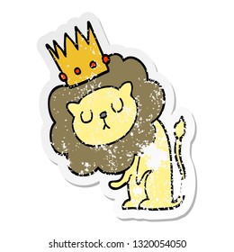 distressed sticker of a cartoon lion with crown