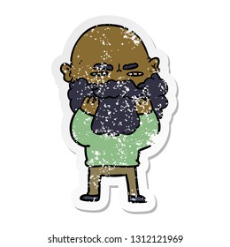 distressed sticker of a cartoon man with beard frowning checking his beard