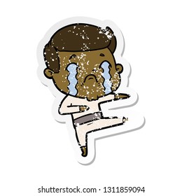 distressed sticker of a cartoon man crying