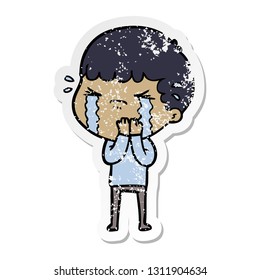 distressed sticker of a cartoon man crying