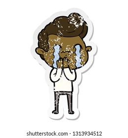 distressed sticker of a cartoon man crying
