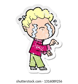 distressed sticker of a cartoon man crying