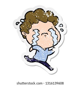 distressed sticker of a cartoon man crying
