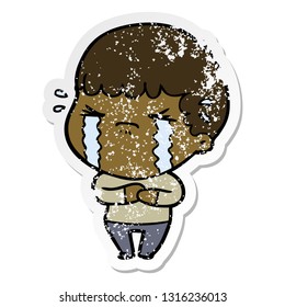 distressed sticker of a cartoon man crying