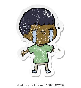 distressed sticker of a cartoon man crying