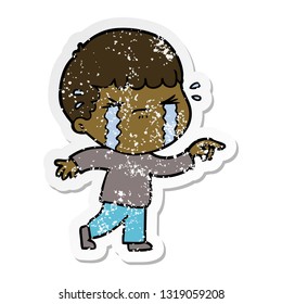 distressed sticker of a cartoon man crying