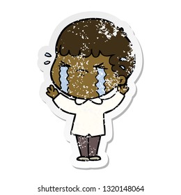 distressed sticker of a cartoon man crying