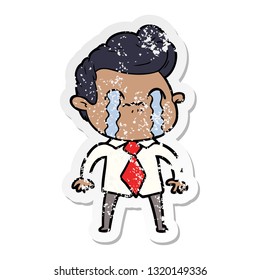 distressed sticker of a cartoon man crying
