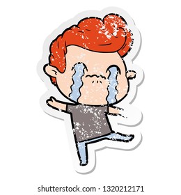 distressed sticker of a cartoon man crying