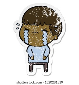 distressed sticker of a cartoon man crying