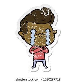 distressed sticker of a cartoon man crying