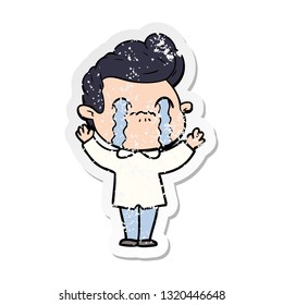 distressed sticker of a cartoon man crying