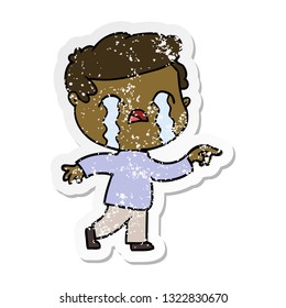 distressed sticker of a cartoon man crying