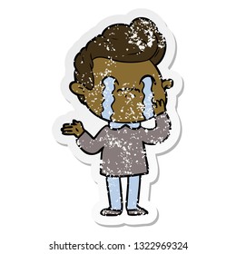 distressed sticker of a cartoon man crying