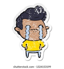distressed sticker of a cartoon man crying