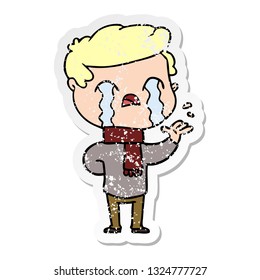 distressed sticker of a cartoon man crying wearing winter scarf