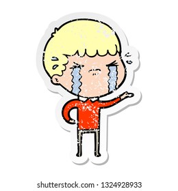distressed sticker of a cartoon man crying