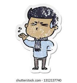 distressed sticker of a cartoon man sweating