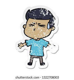 distressed sticker of a cartoon man sweating