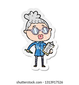 distressed sticker of a cartoon manager woman wearing spectacles