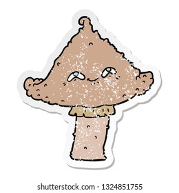 distressed sticker of a cartoon mushroom with face