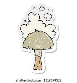 distressed sticker of a cartoon mushroom with spore cloud