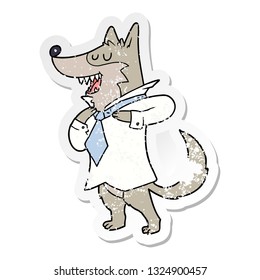distressed sticker of a cartoon office wolf getting dressed