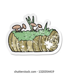 distressed sticker of a cartoon old log with mushrooms